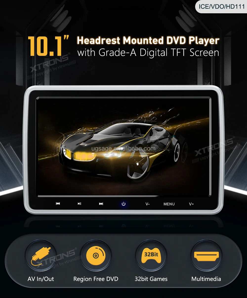 Xtrons 10.1" Digital Tft Screen Car Clipon Headrest Dvd Player For All