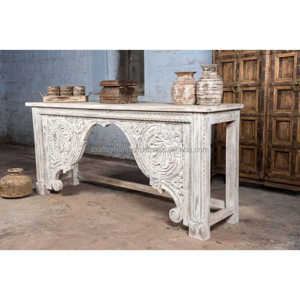 Console Table Handmade Traditional Carved Rustic Finish Indian Console Table With Natural Wood