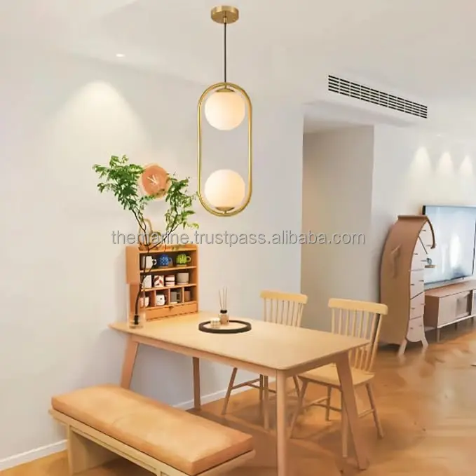 Modern Gold Hanging Light Fixture Brass 2 Holder Chandelier Globe Pendant with Glass for Sloped Ceilings for Bar Decorations