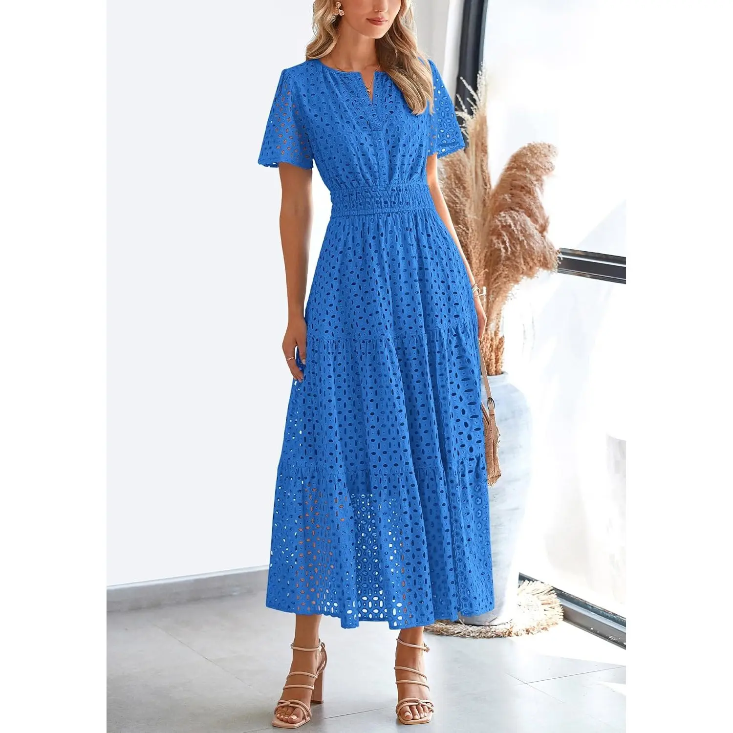 Women's Summer 2025 Maxi Dress V-Neck Hollow Eyelet Line Short Sleeve Long Flowy Beach Vacation Belt XS Size B0DJ2TW6KG