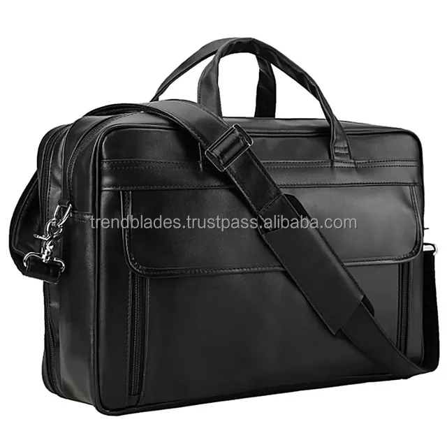Top Grain Genuine Leather 17 Inch Laptop Briefcase Messenger Bag Black