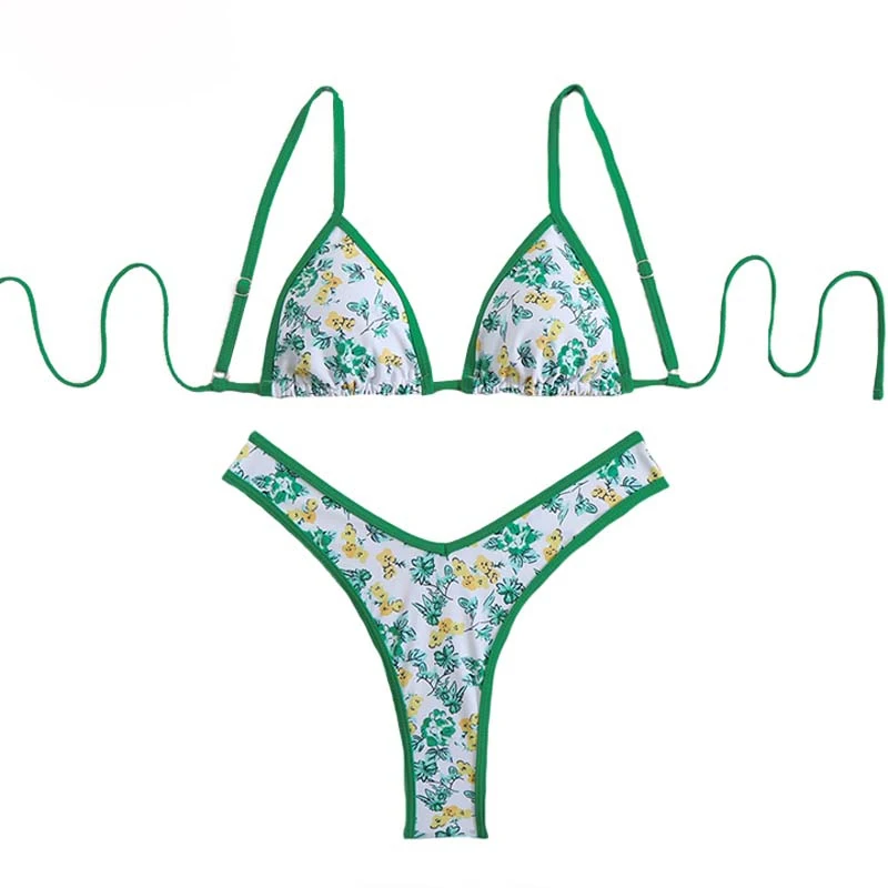 Custom Floral Print Bikini Set with Green Trim Adjustable String Top and Matching Briefs Two Piece Swimwear for Women Chic Beach