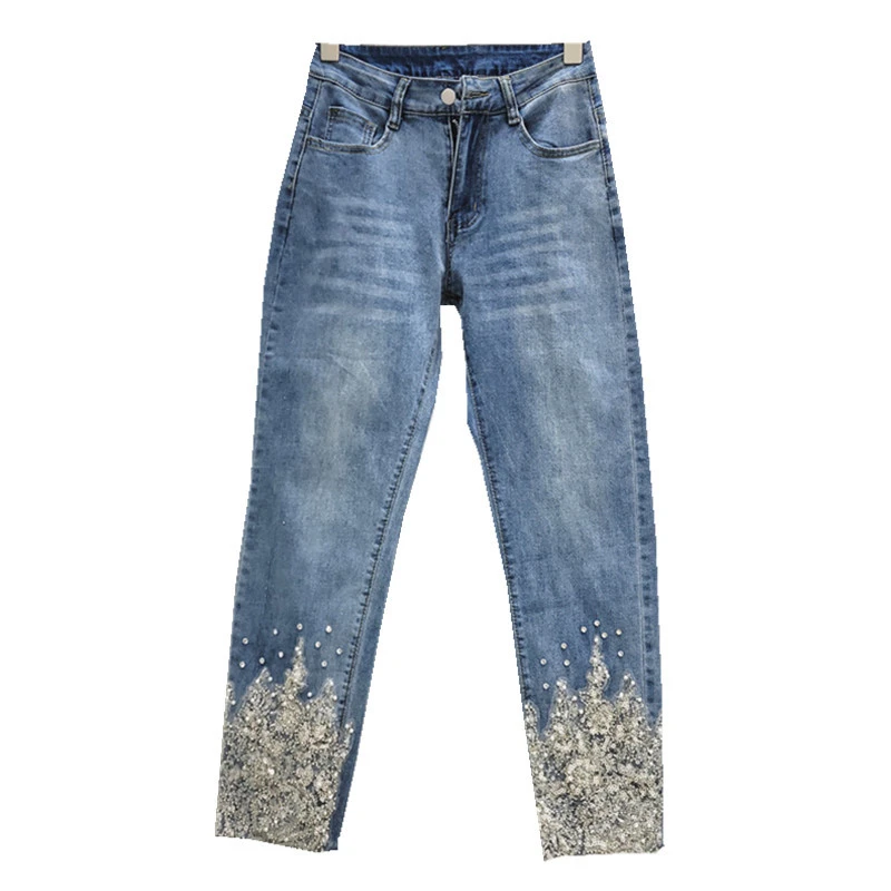 Glory New 2025 Women's Beaded High-Waist Leg Sequin Lace Hollow-out Flower Stretch Skinny Pants Denim Straight Trousers