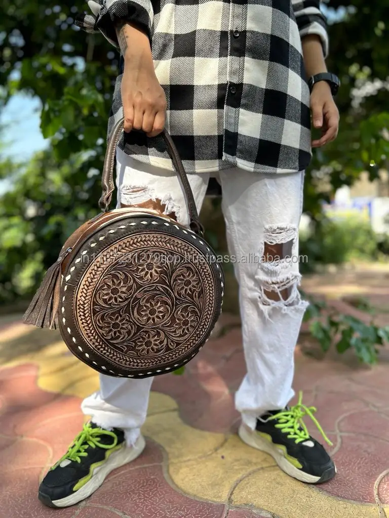 Merbaa Hand-Tooled Round Leather Crossbody Bag For Women – Bohemian Western Purse With Adjustable Strap & Fringe