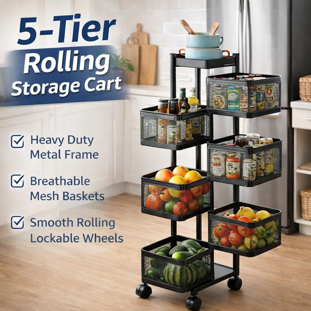Rollable Kitchen Metal Rack Metal Kitchen Storage Rack with Wheels 5-Tier Detachable Basket ...