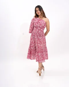 charming pink floral one shoulder midi dress designed to blend comfort with effortless style lightweight breathable fabric