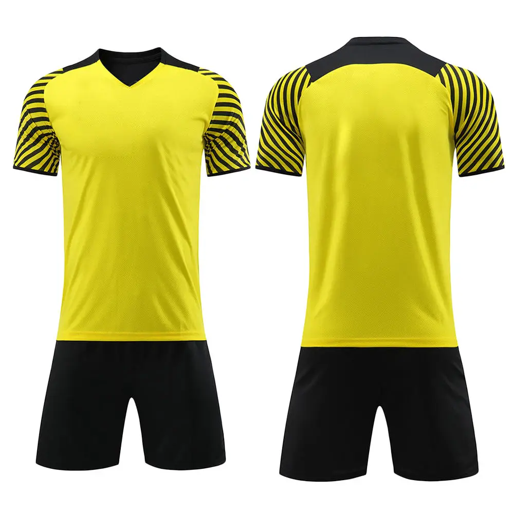 Direct Factory Men's Yellow Black Striped Soccer Uniform Sets Short Sleeve V-Neck Moisture Wicking Customizable 100% Polyester