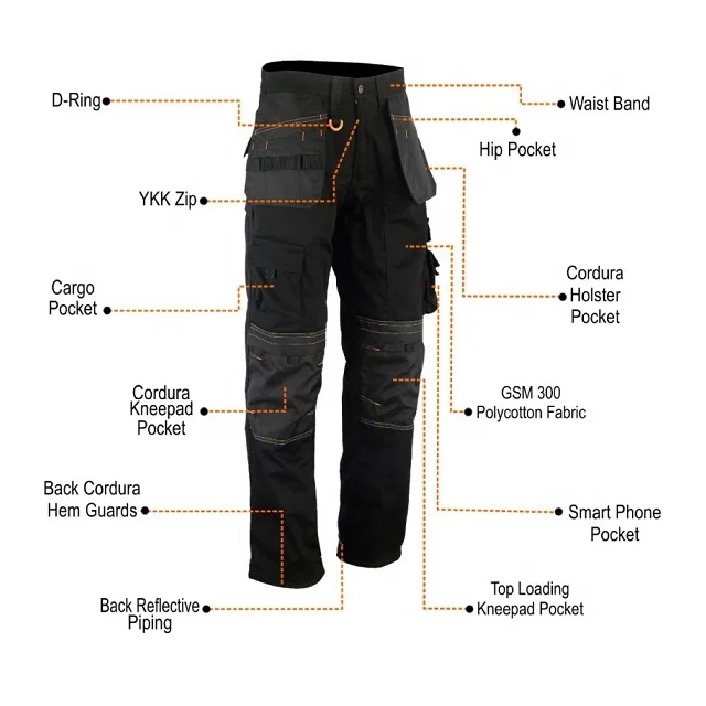 Men's Heavy Duty Workwear Pant Knee Pads Cordura Pockets Carpenter Cargo Trouser 