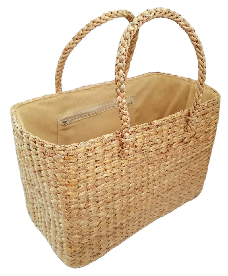 Water Hyacinth Handbag New Arrival Straw Beach Bag Interior With Cotton Lining Vietnam Supplier