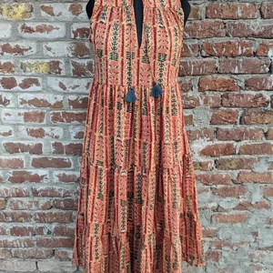 Women's 100% Cotton Summer Dress Hand-Block Printed Maxi Tier Dress Solid Pattern Sustainable Autumn Season