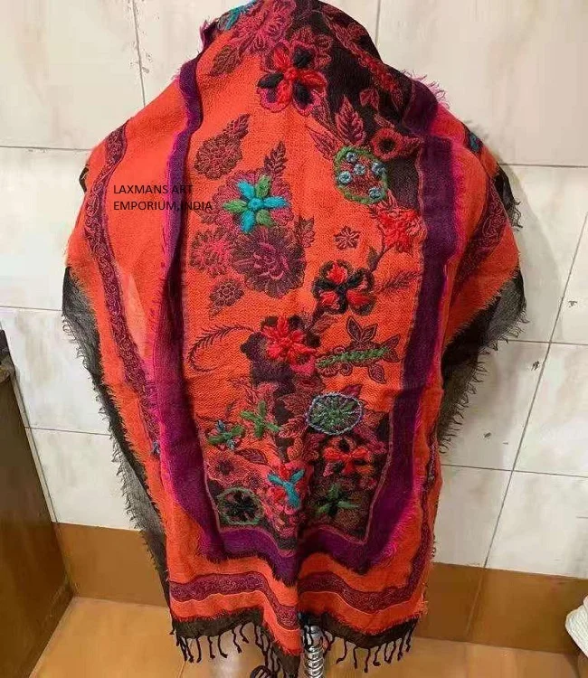 Wool Designer Modal Scarves Shawls Stoles Kashmiri Embroidery Shawls / Stoles From India Designer Wool Embroidery Scarf