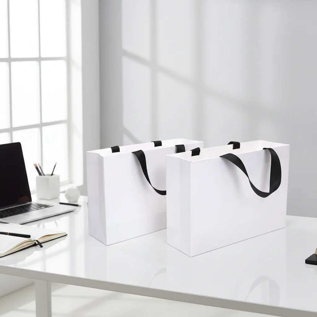 Borsa regalo di lusso in carta kraft personalizzata in fabbrica, con stampa personalizzata, manici e nastro decorativo, in cartoncino rivestito, riciclabile, per abbigliamento con logo personalizzato