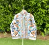 White Base with Blue, Orange, Mustard & Brown Embroidery