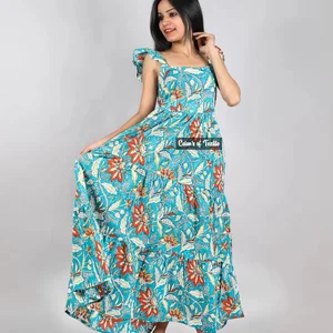 Indian Cotton Block Print Strap Maxi Dress for Summer Autumn Season Sustainable Nonwoven Weaving Solid Pattern