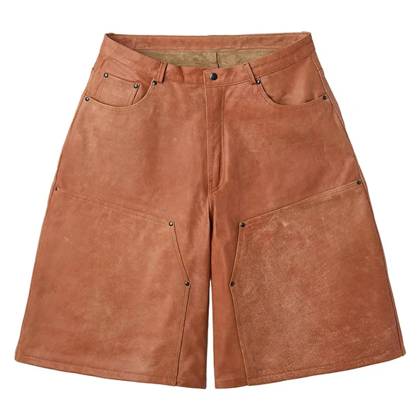 Glory Custom Brown Genuine Leather Shorts New Trendy Vintage Style Patchwork Shorts For Unisex Street Wear