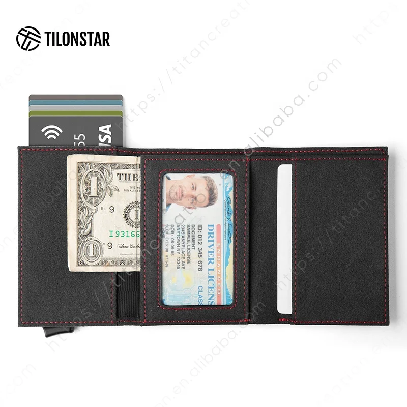 TILONSTAR TVC203a Pop up Wallet Automatic RFID Alcantara Leather Aluminum Card Holder