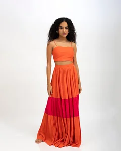 Women's Casual Orange Sequins Peplum Blouse Knitted Skirt Set Breathable Natural Waistline Plain Dyed Weaving Method