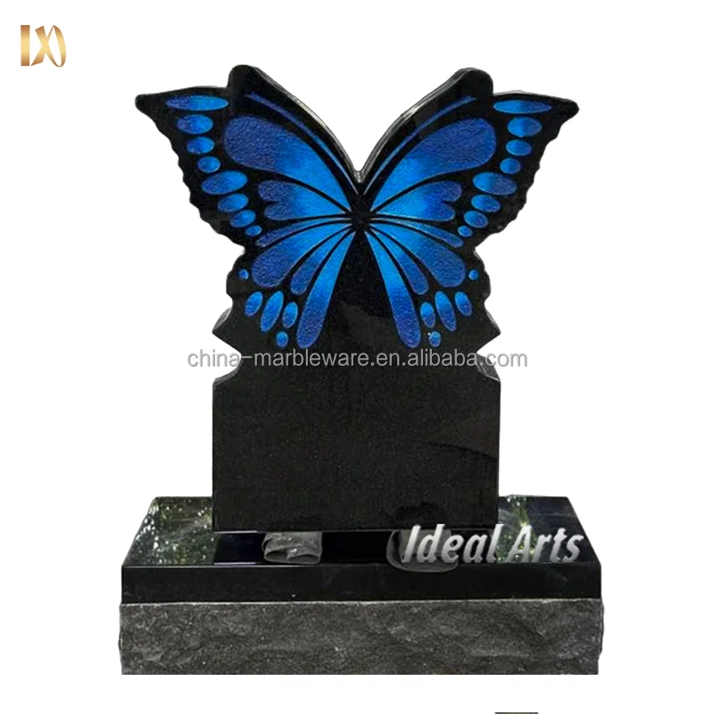 Modern Natural Stone Blue butterfly Memorial Headstones Marble Black ...