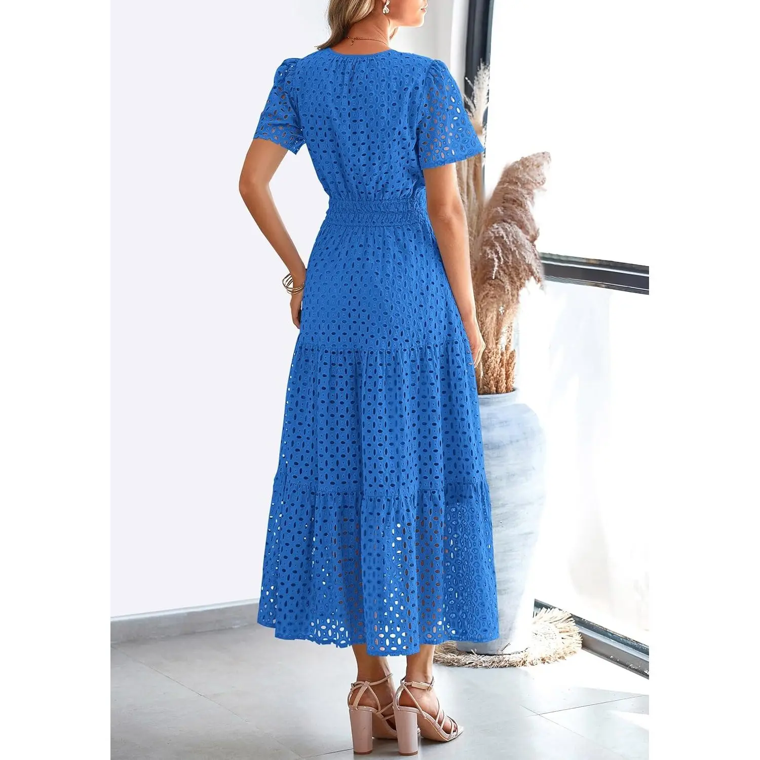 Women's Summer 2025 Maxi Dress V-Neck Hollow Eyelet Line Short Sleeve Long Flowy Beach Vacation Belt XS Size B0DJ2TW6KG