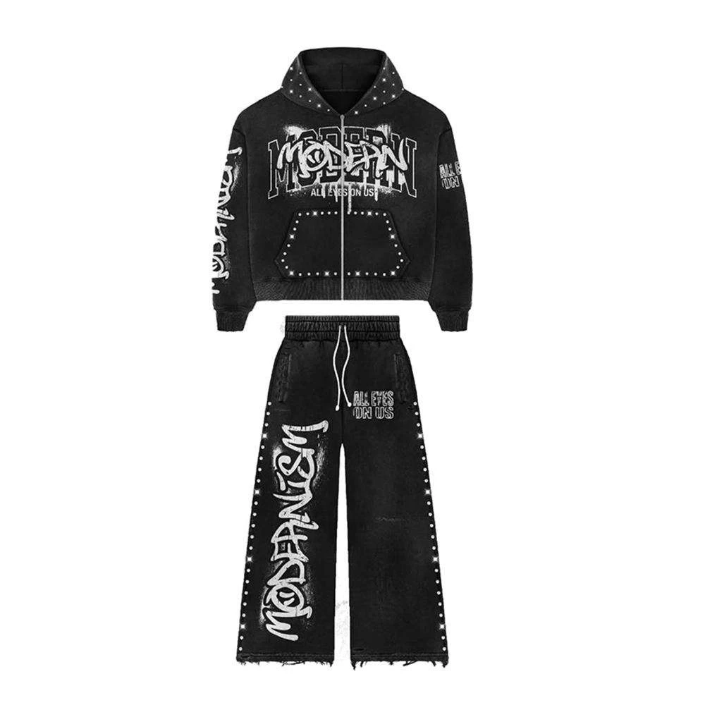 Glory Custom DTF Print Men's Acid Wash Vintage Hoodie & Flared Sweatpants Sun-Fade 100% Cotton Tracksuit Streetwear