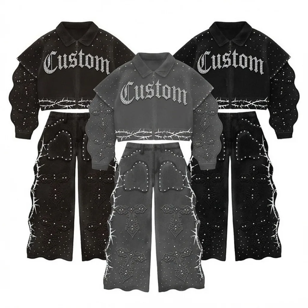 Custom Rhinestone Cross Black Denim Jacket and Pants Set Streetwear Fashion Apparel Collection Design For Unisex Comfort Wear