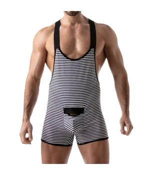 Striped Push Up Bottomless Wrestling Body Singlets Comfortable & Original Sexy Striped Men Bodysuit Inspired Wrestlers Outfits