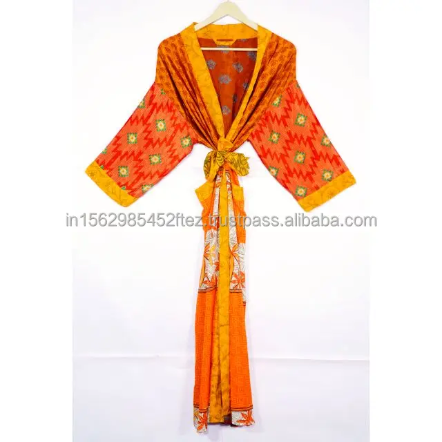 Patchwork Kimono Robe Vintage Silk Kimono Women Lounge Wear Bohemian Style Long Robe Floral