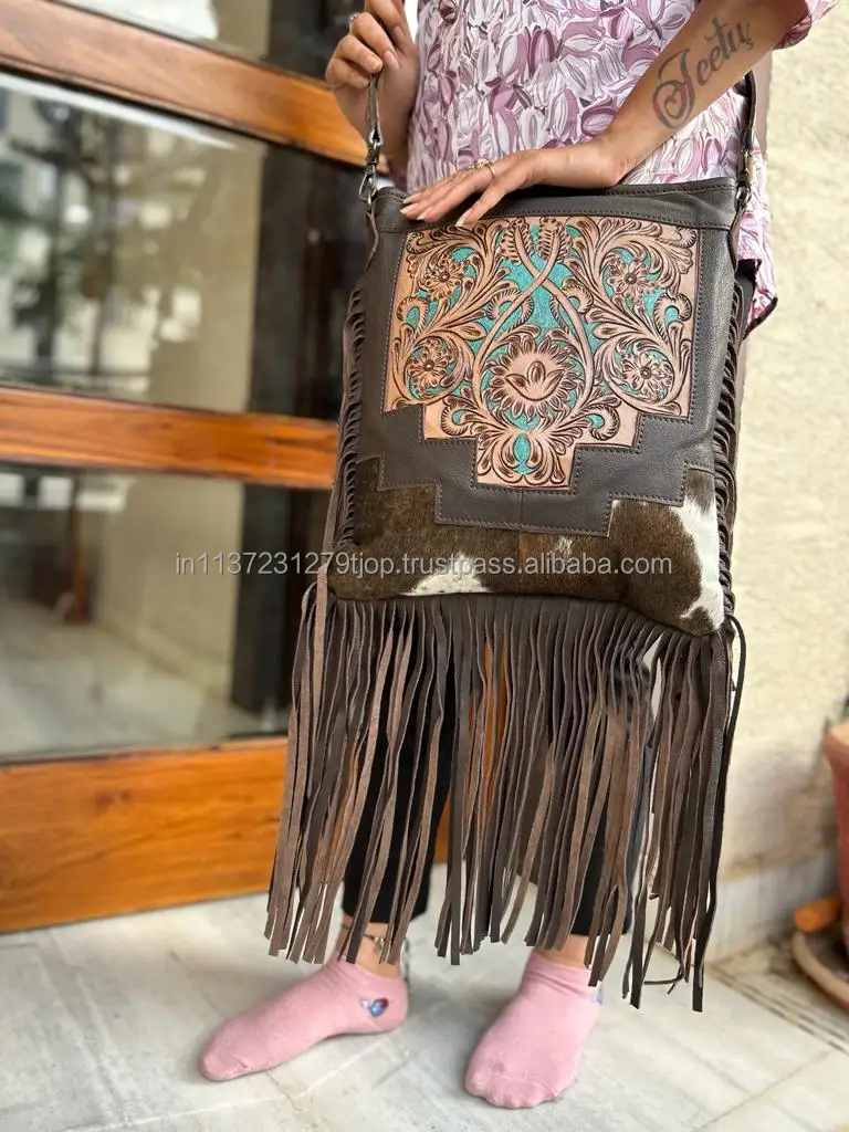Real Handcrafted Tooled Fur Leather Fringe Handbag Stylish Women Colorful Tooling Leather