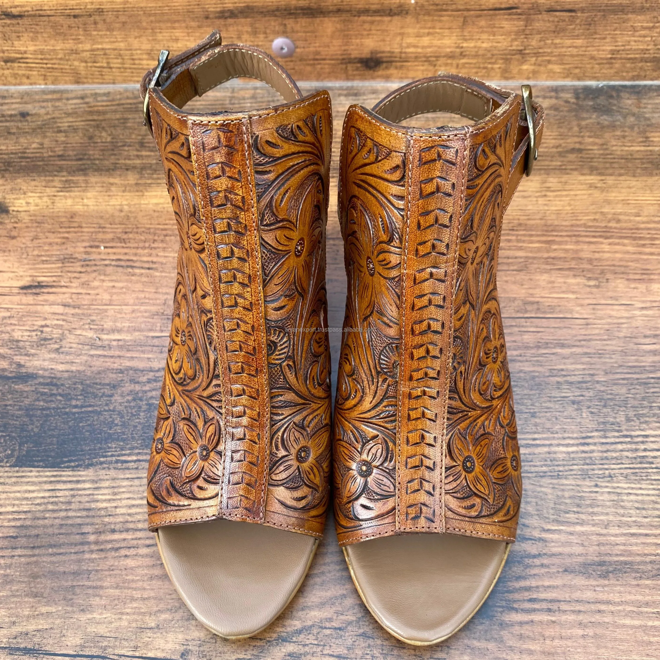 Newest Hand Tooled Leather Heels Sandals Dress Shoes High Heels Western Fashion Women Genuine Leather Wedges Wedding Prom Shoes