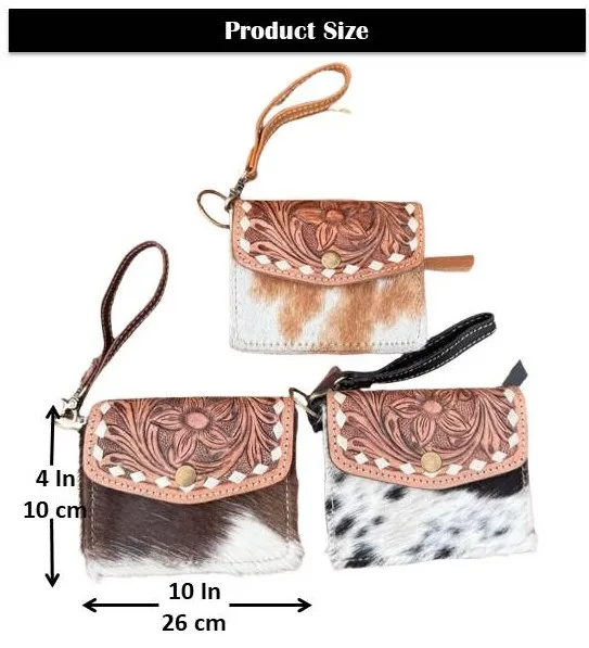 Premium Quality Hand Tooled Leather Small Wristlet Coin Purse Western Hair on Cowhide Leather Multi Uses Mini Wallet for Women's
