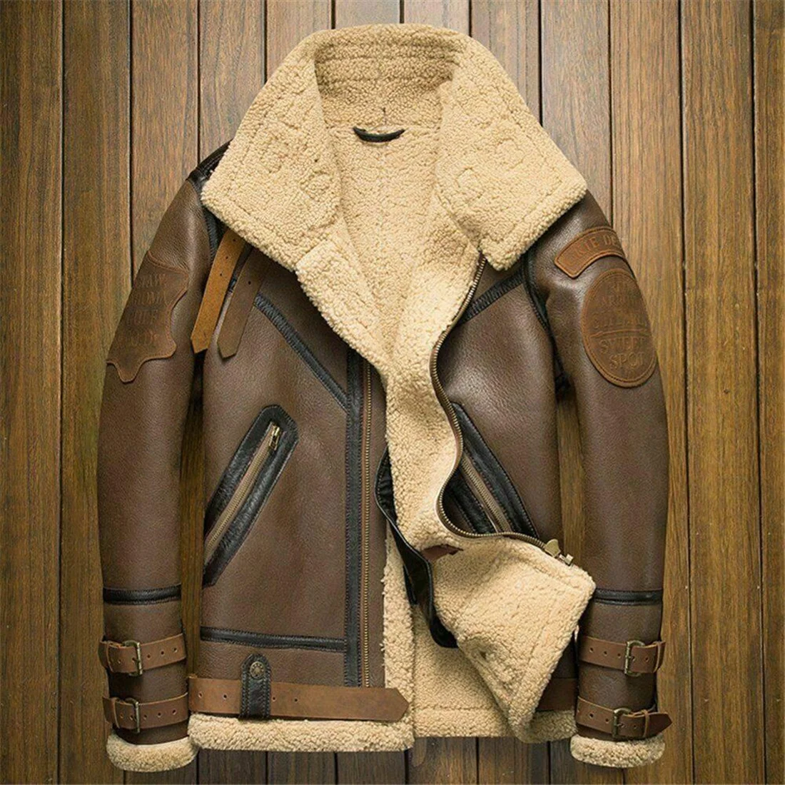 New Customized Men's Real Fur Sheepskin Raf B3 Bomber Flying Jacket New Custom Men's Bomber Jacket Lightweight Winter Faux Fur Lined Pilot Jacket With Stand Collar,Men's Faux Leather
