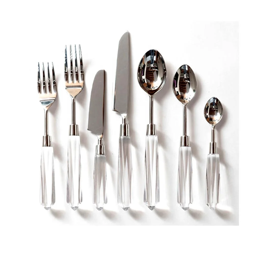 Cutlery Set for Wedding Business Gift Flatware Sets Clear Acrylic Handle Stainless Steel Mirror Polished Cutlery Set