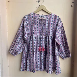 Floral Block Print Tunic Top O-Neck with String Closer Hand Block Print Long Sleeve Casual Top For Women Gift For Her