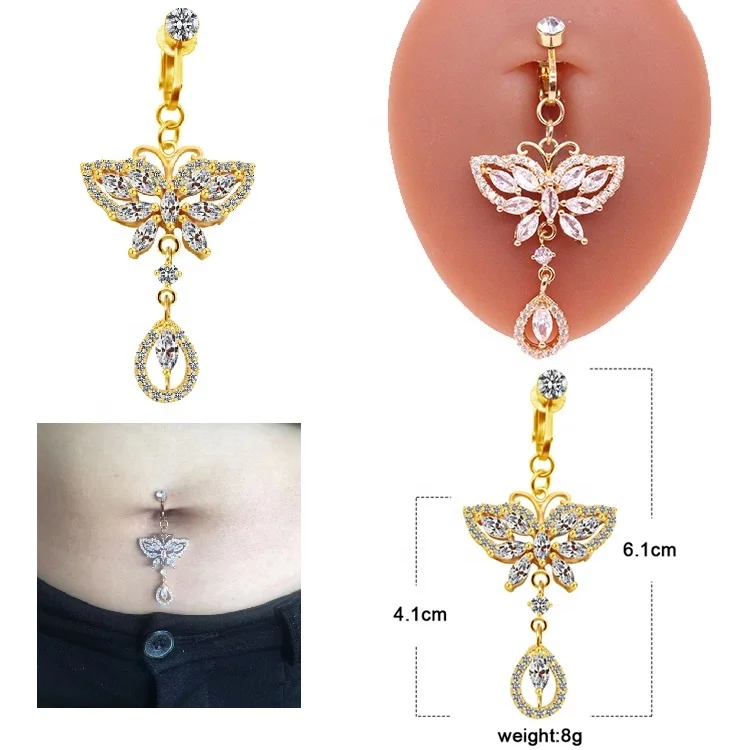 Gaby New Arrive Big Pendants Fake Belly Ring butterfly Dangle Clip on Belly  Ring Non Piercing Body Jewelry Wholesale