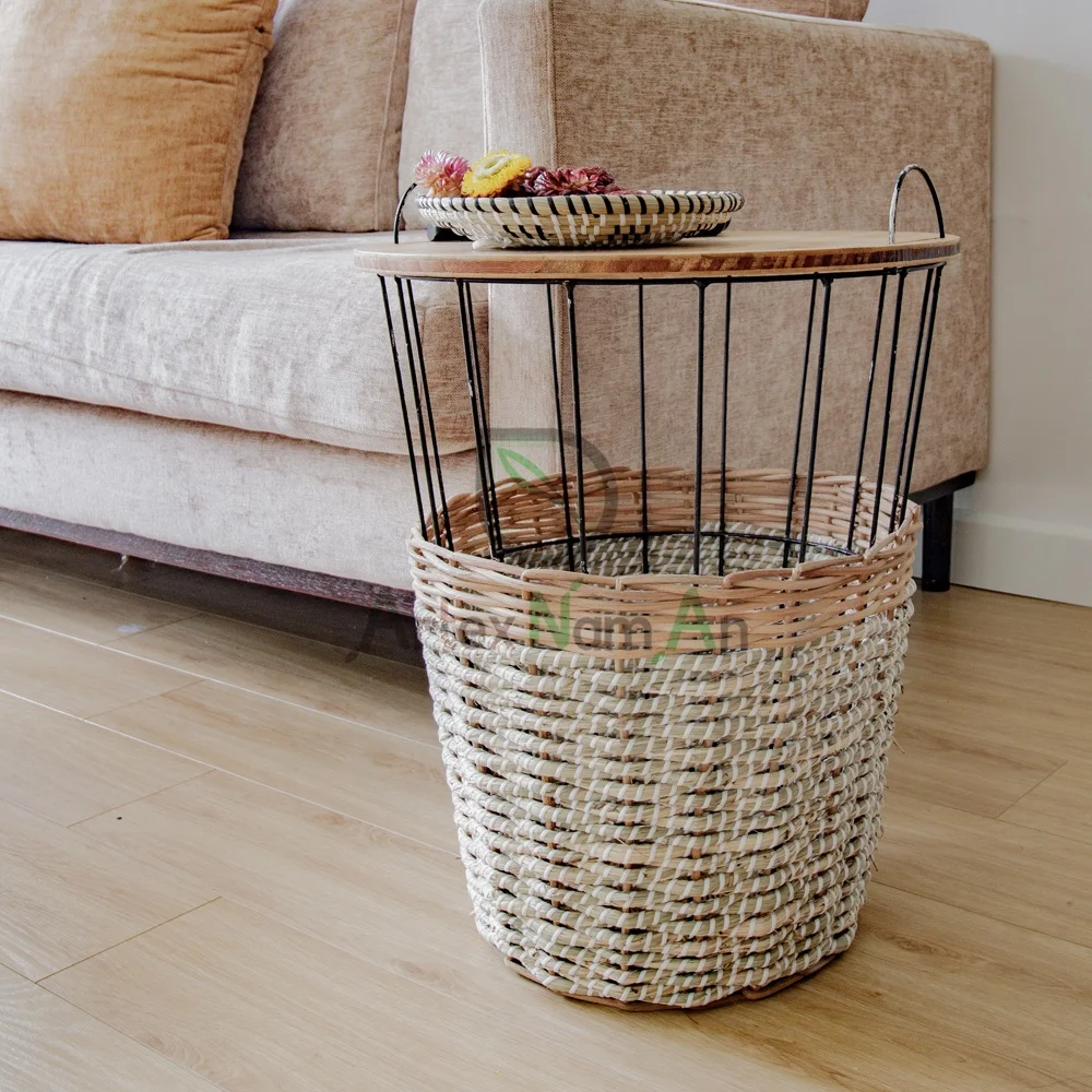 Seagrass Storage Basket Table/side Table With Removable Wooden Lid