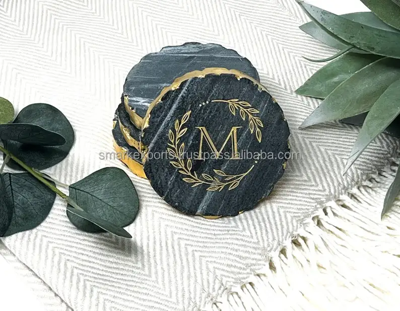 Elegant Custom Stone Coasters with Gold Trim Handmade Drink Mats for Tabletop Protection and Stylish Home Entertaining