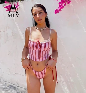 OEM ODM Stripe Ruffle Trim Tie Side Thong Bikini Swimsuit Women's 2026 Adjustable Custom Swimwear