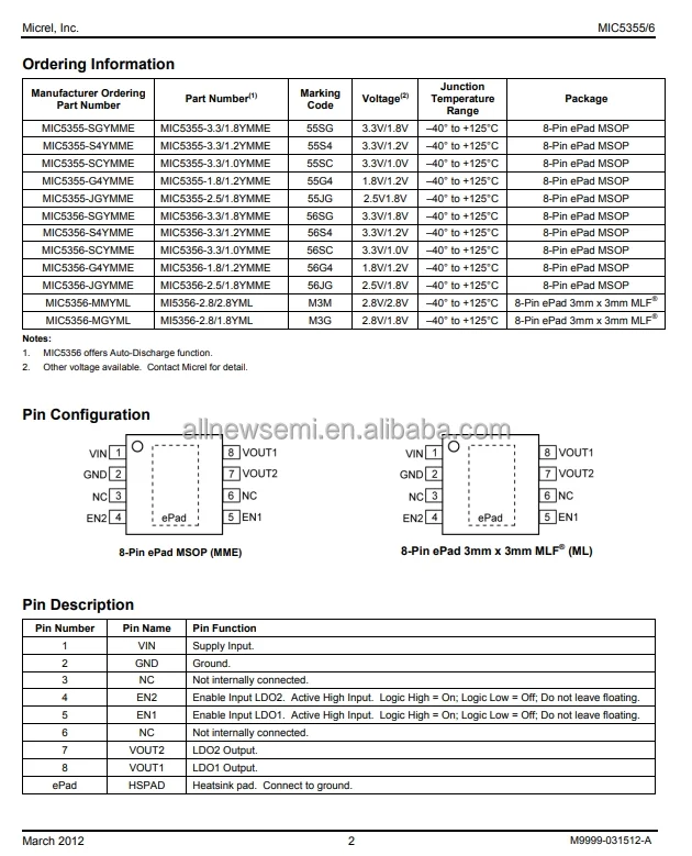 Hot sale Original MIC5356-SGYMME PMIC IC REG LINEAR 1.8V/3.3V Linear Voltage Regulator IC Positive Fixed 2Output 500mA 8-MSOP-EP