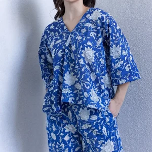 Splash Blue 100% Cotton Lounge Wear Suit for Women V-Neck Top Irresistibly Soft and Comfortable Fashionable for Summer Season