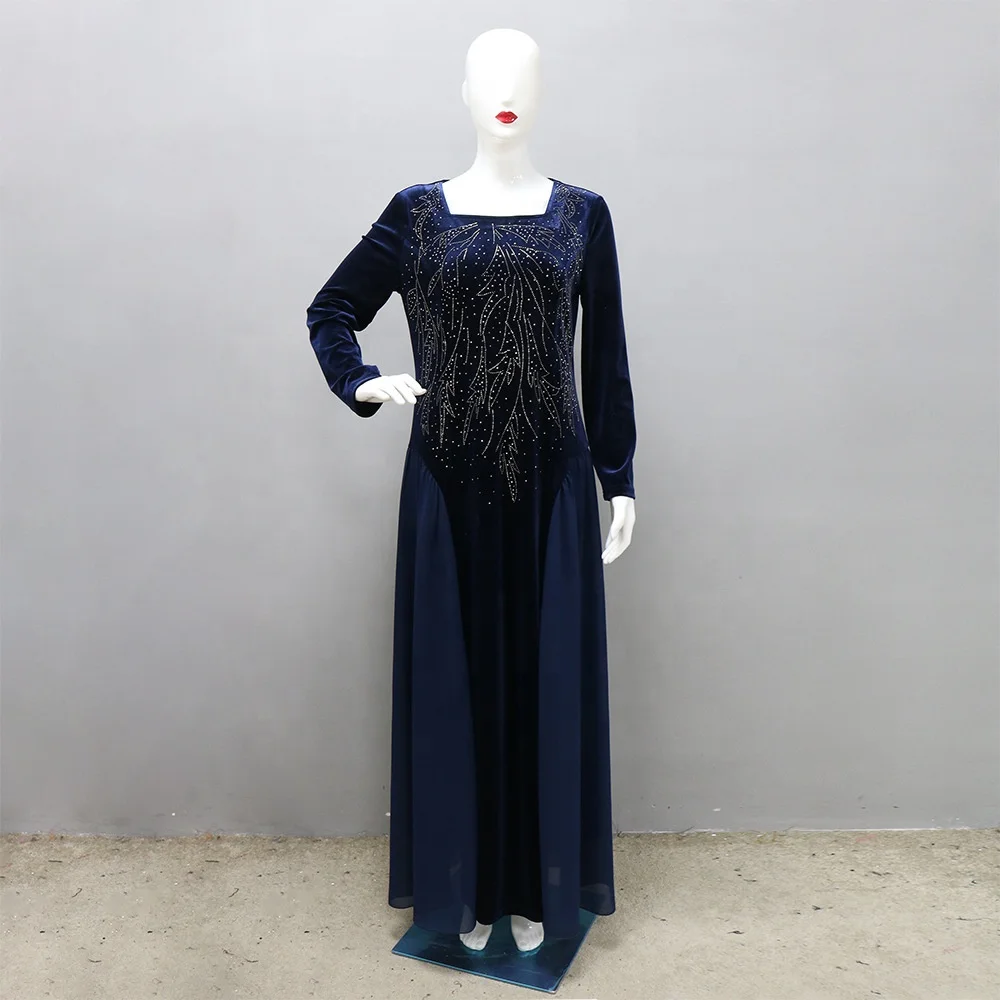 Modest Winter Elegant Velvet Banquet Evening Party Dress Premium Solid Color Long Sleeves Maxi Dresses For Women Hs025