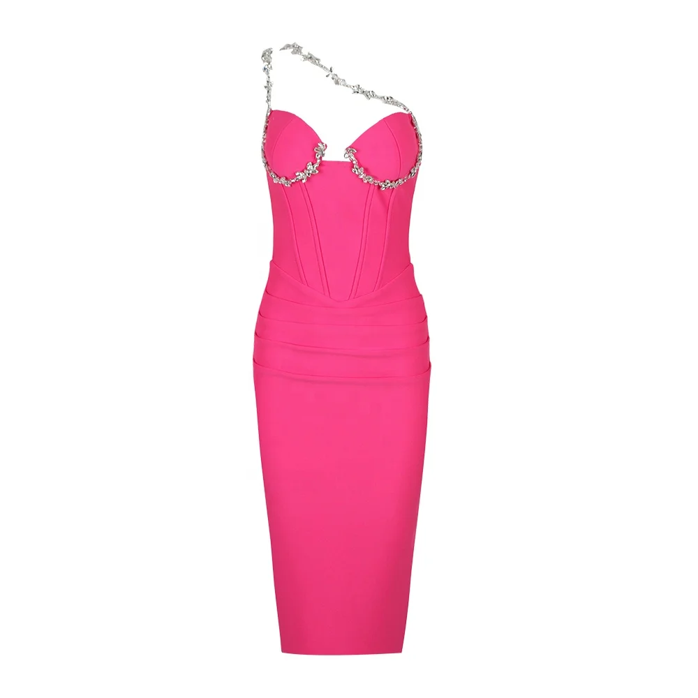 Sexy Women's Rose Red Bandage Dress With Diagonal Collar and Diamond  Sleeveless Bodycon Birthday Backless Dress Club Party