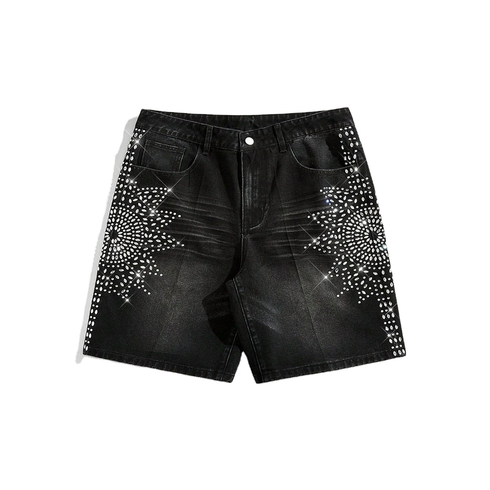 Custom OEM Service Men's Black Denim Shorts With Rhinestone Geometric Pattern Mid Waist Button Fly Casualwear Shorts For Unisex