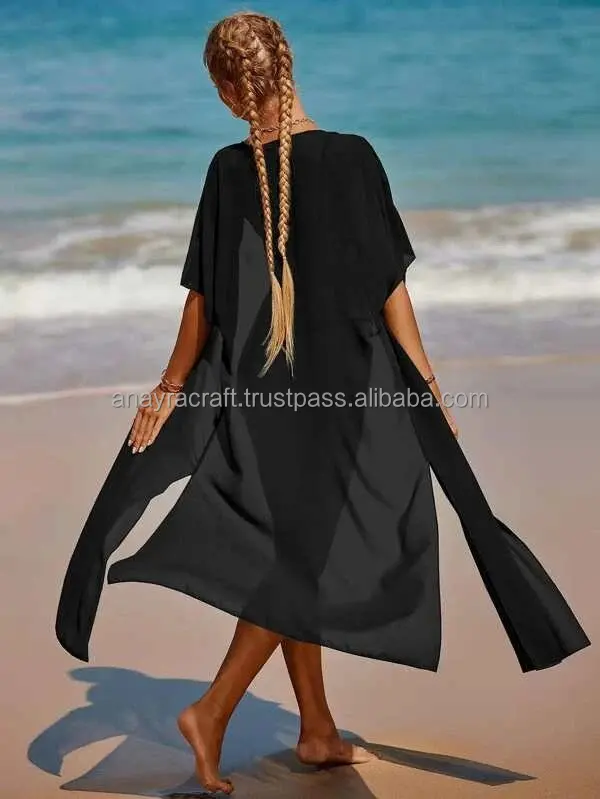 New Attractive Summer Vacation Plain Dye Holiday Beach Cover Up Black