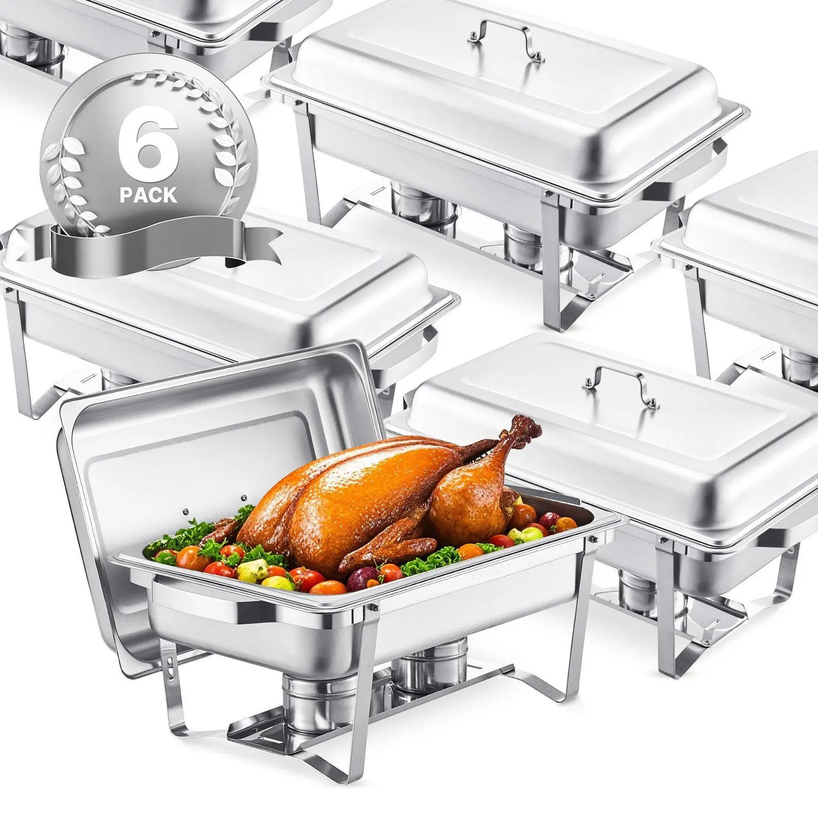 Stainless Steel Rectangle Chafing Dish 8 Qt 6 Pack Full Size for Parties Buffet Set Premium Tableware