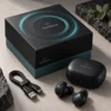 Black and muted teal with concentric audio rings