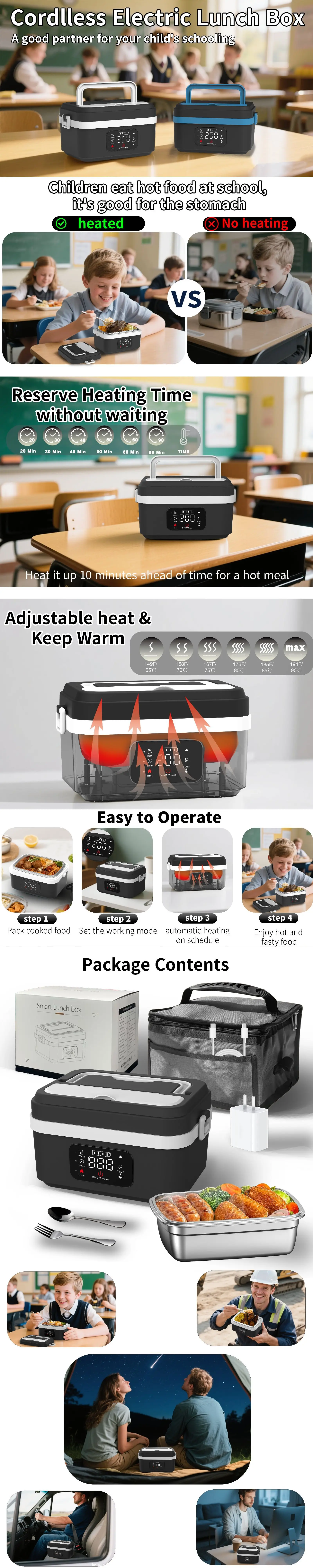 无绳电动午餐盒，带16000毫安电池的可充电自热食品保温器，适用于工作/旅行/汽车/办公室