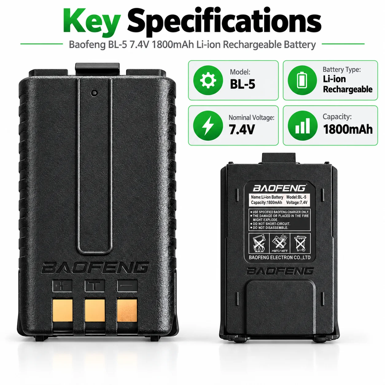 7.4V 1800mAh Li-ion Rechargeable Replacement Battery for Baofeng UV-5R UV-5RA UV-5RE UV-5R Plus BF-F8HP Two-Way Radio