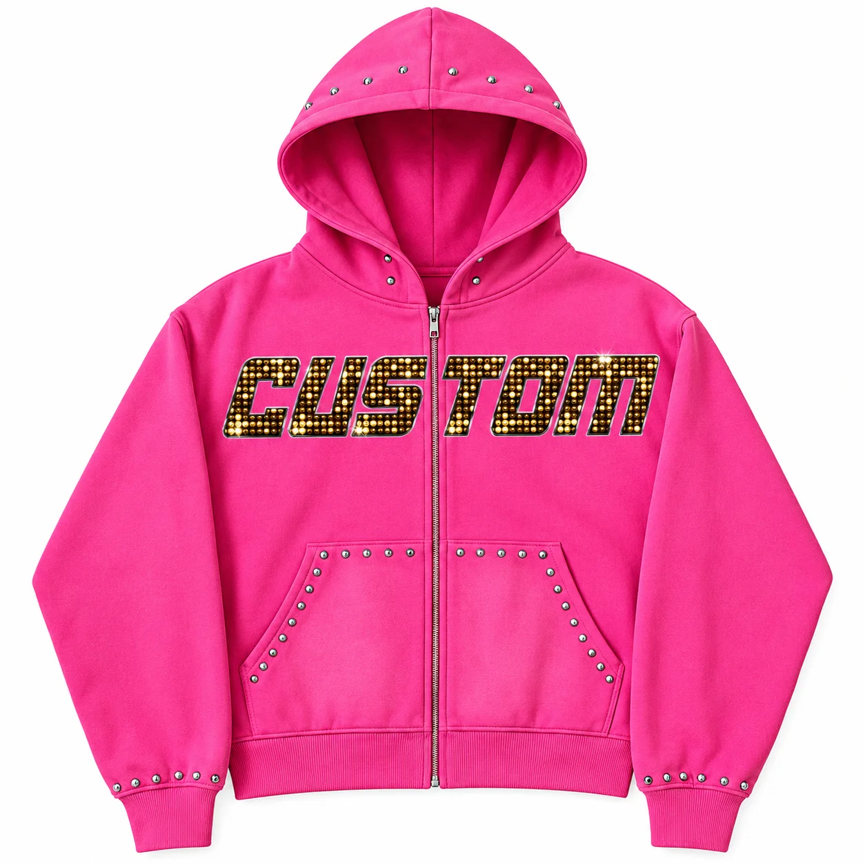 Custom Oversized Pink Zip Up Hoodie With Rhinestone 100% Cotton Soft Fabric Vintage Style For Unisex Wear