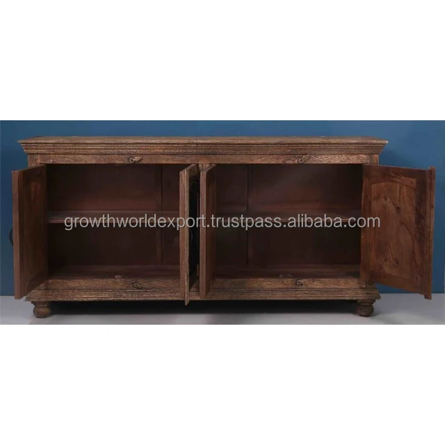 Antique Handmade Wooden Carving Sideboard with 4 Door Vintage Design Brown Finish Furniture Storage Living Room Home Furniture