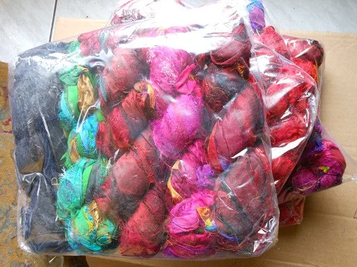 Recycled Sari Silk Yarn in Multicolor Per kg for Knitting Embroidery Weaving Art Crafts
